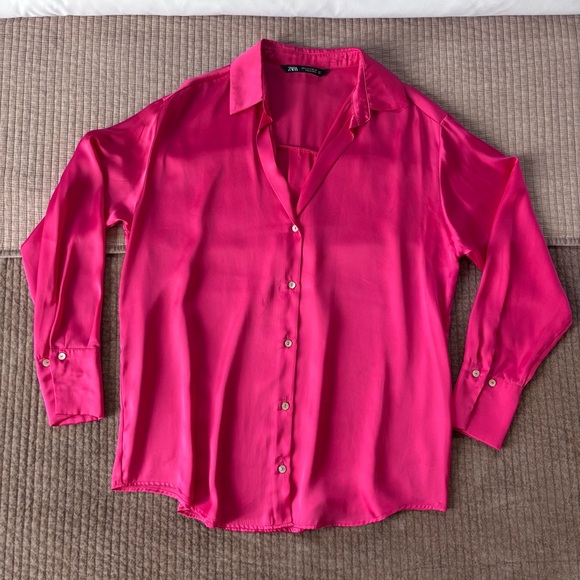 Zara Tops - Zara Hot Pink Satin Button-Up Blouse – Size S